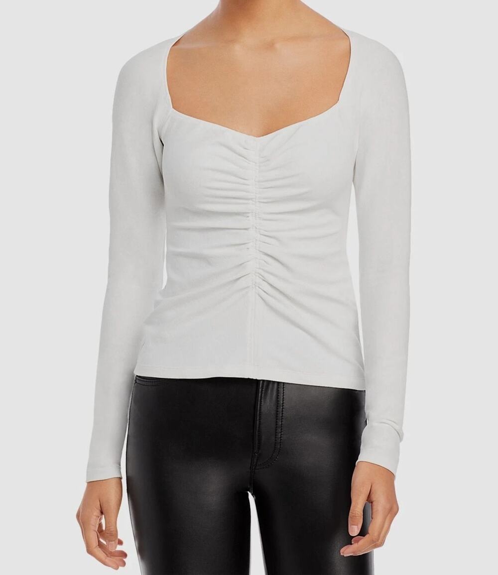A.L.C. Halley White Stretch Ruched V-Neck Long Sleeve Top Blouse Size XS